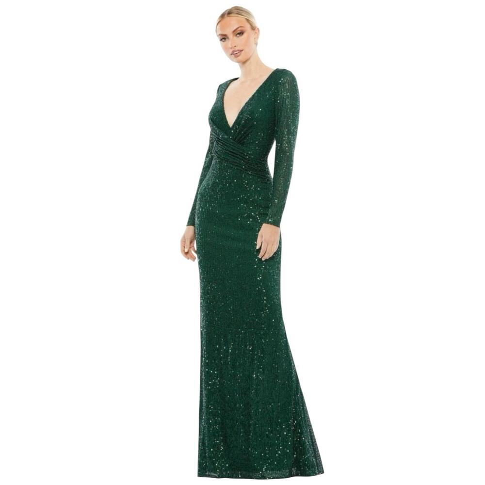 Mac Duggal 26574 Dark Green Sequin Long Sleeve Gown Size 12 $398